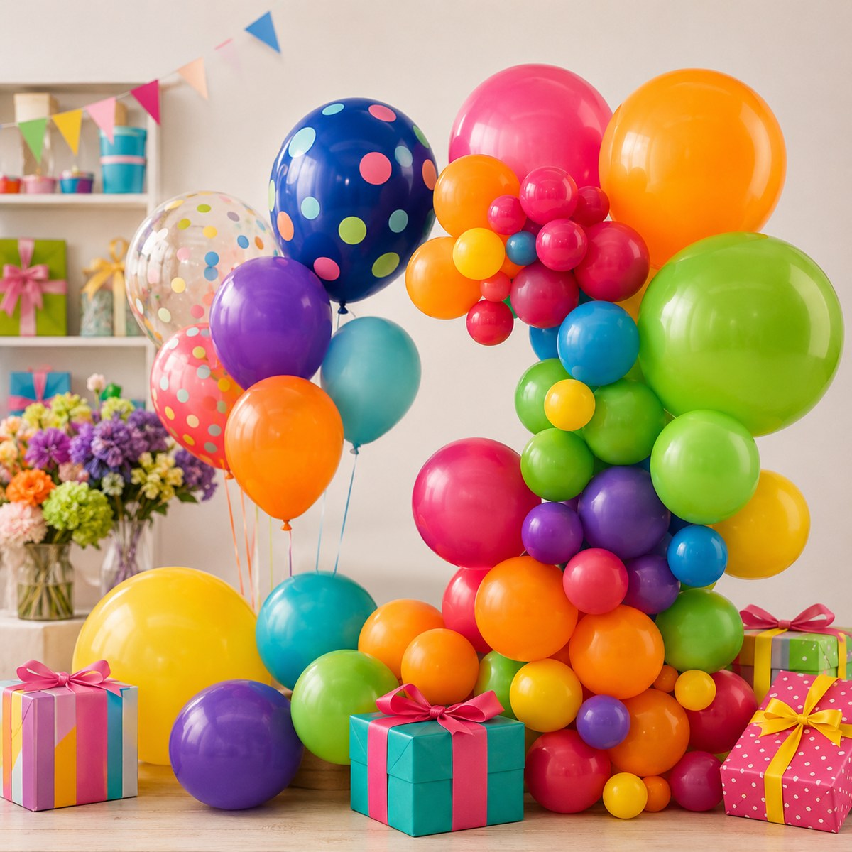 Decoración colorida con globos y regalos