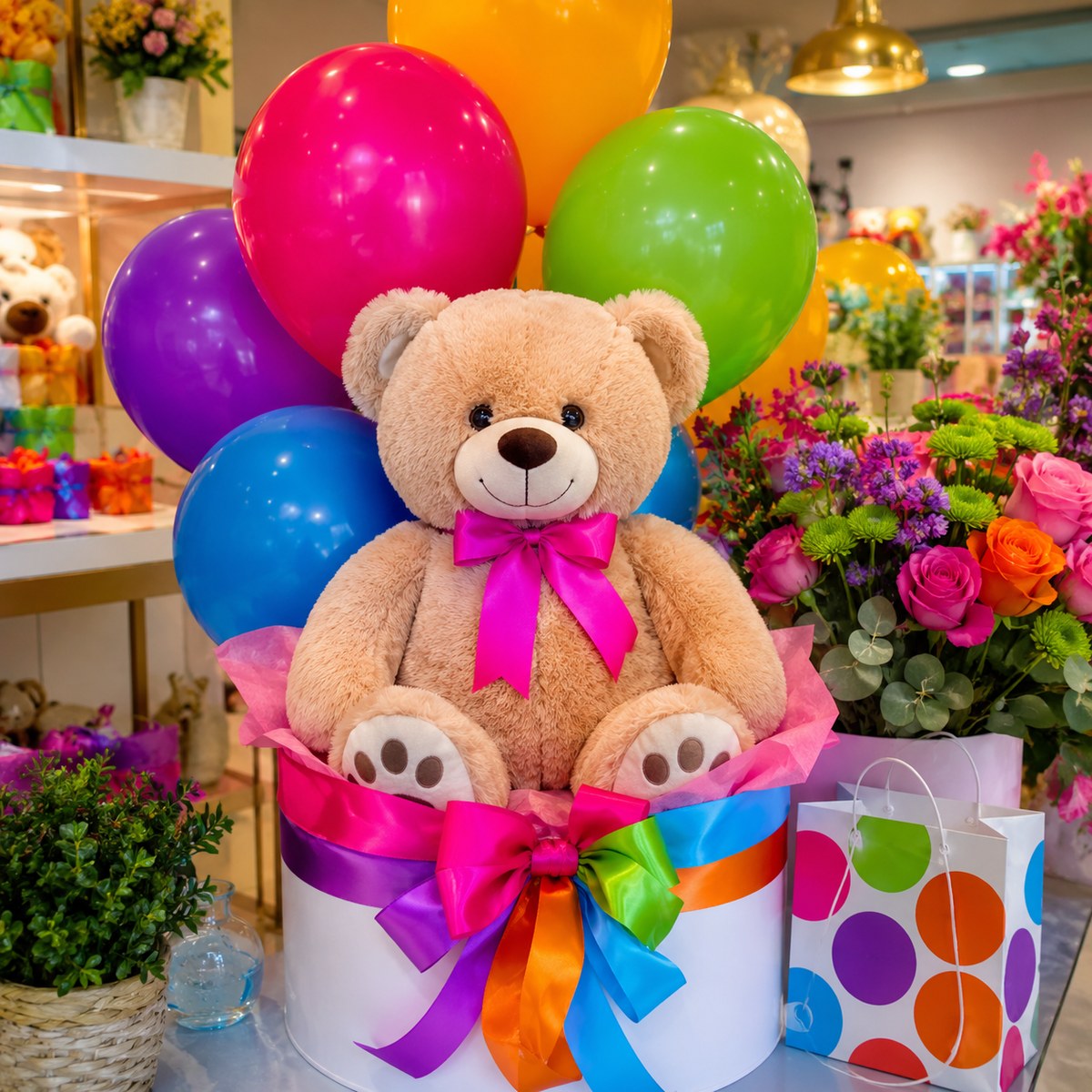 Arreglo con peluche, flores y globos