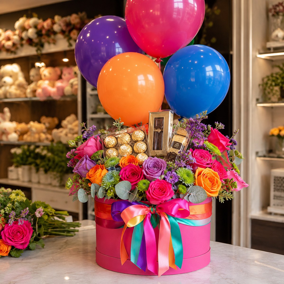 Caja regalo con flores, chocolates y globos